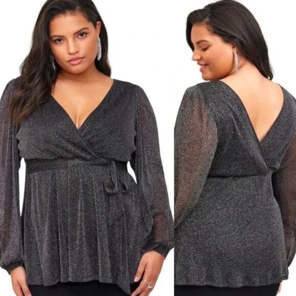 TORRID Knit Glitter Lurex Peplum Top Puff Long Sleeve Belted Faux Wrap Blouse 6X - Picture 11 of 11